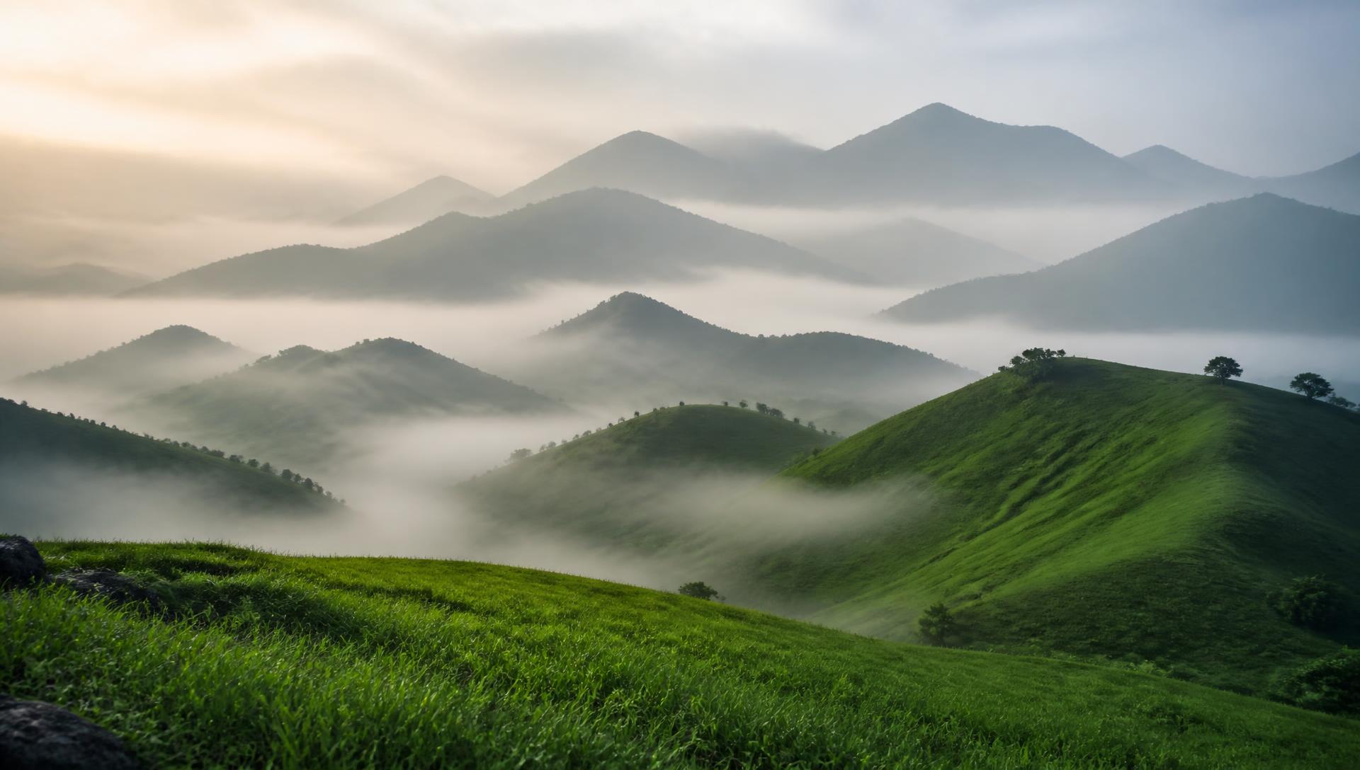 Misty green hills and foggy mountain ridges at soft morning light